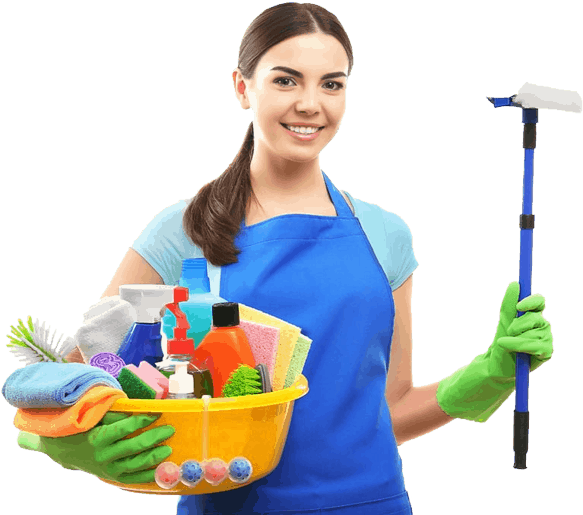 housekeeping worker with cleaning products